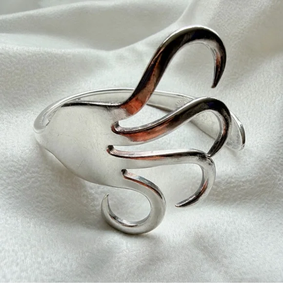 Sterling Silver Plate Sculptural Fork-Form First Love Coachella Cuff Bracelet - Picture 16 of 16